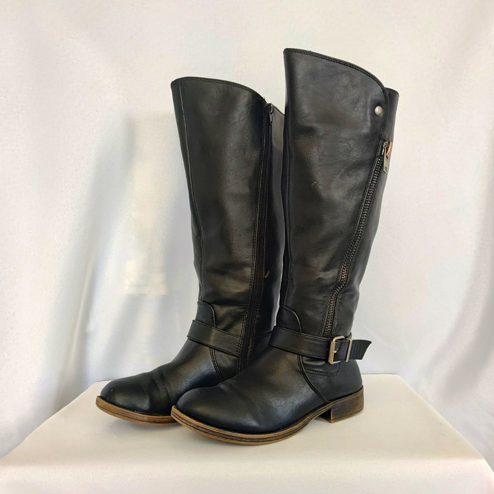 Women’s Black Tall Riding Boots Side Zip Ankle Buckle Synthetic US 7 396107